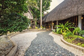 A pathway leading to a building with a thatched roof, surrounded by lush greenery and a pebble-tiled ground.
