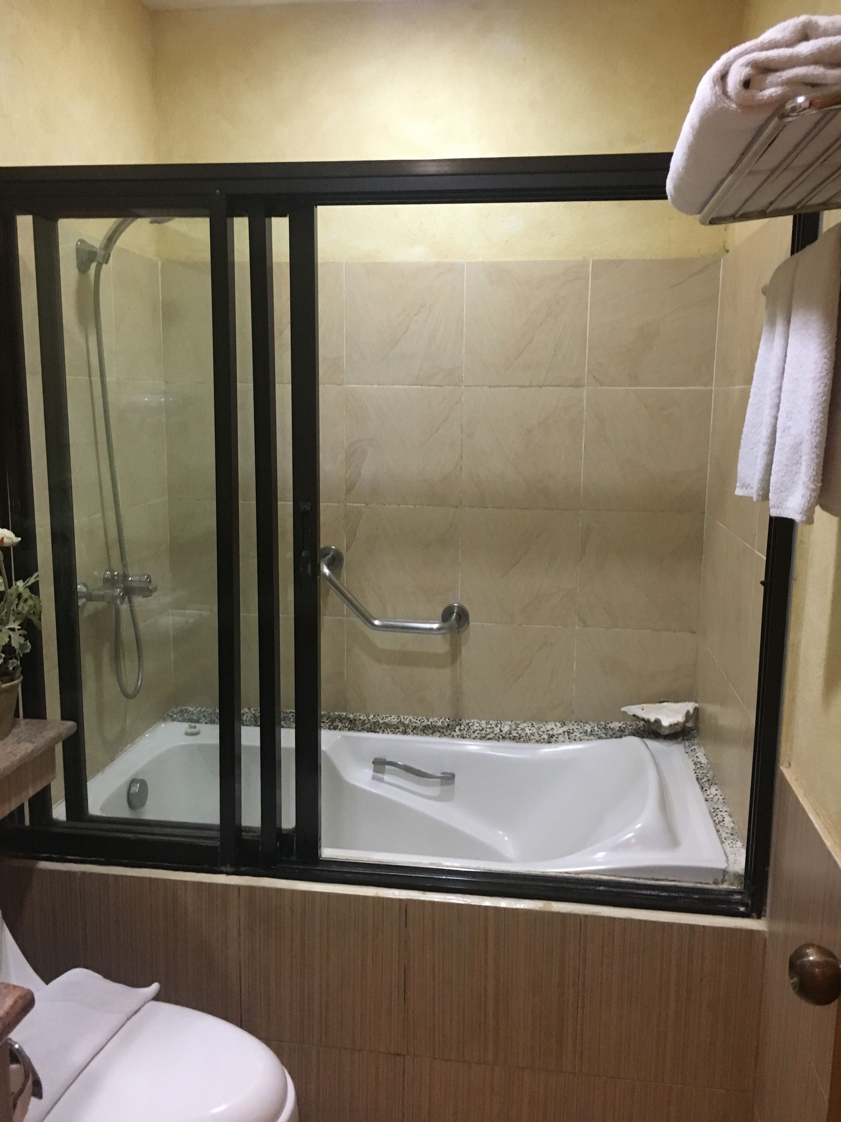 Cabina de ducha con puerta de vidrio, bañera y retrete.