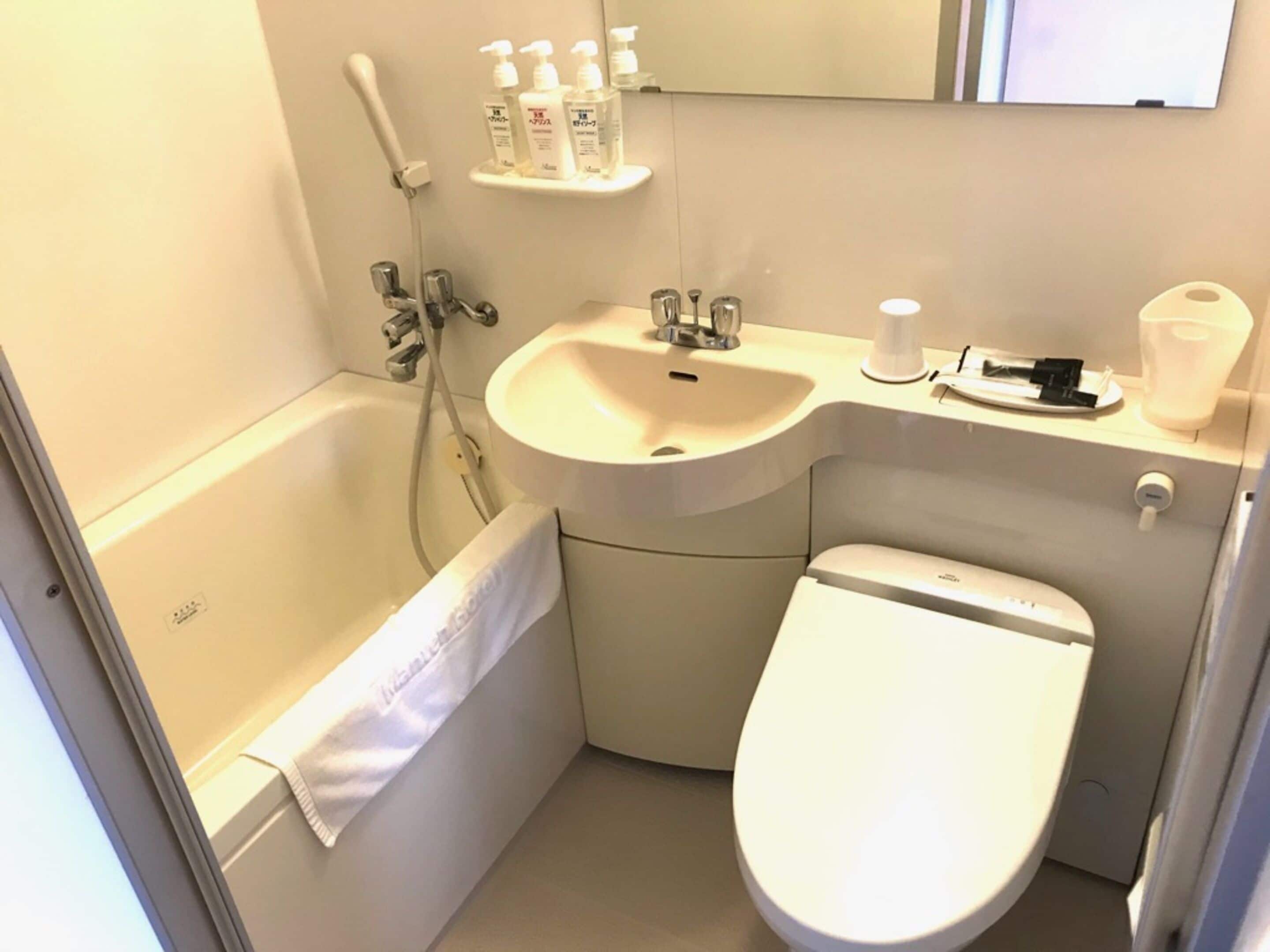 combined shower/bathtub, free toiletries, hair dryer, slippers