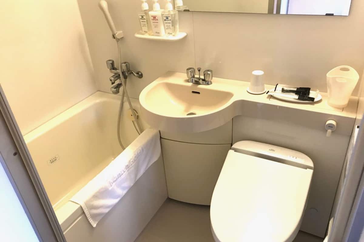 combined shower/bathtub, free toiletries, hair dryer, slippers