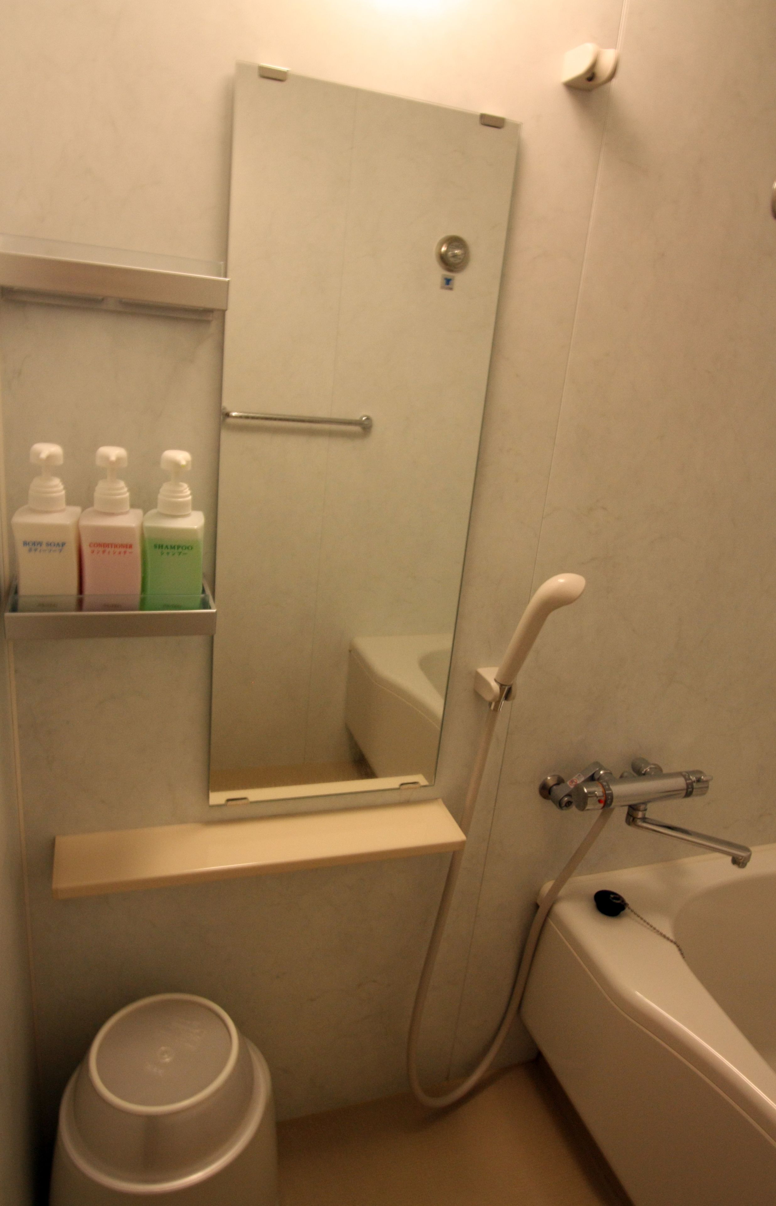 A bathroom with a toilet, a shower, and a mirror. There are three bottles of toiletries on a shelf.