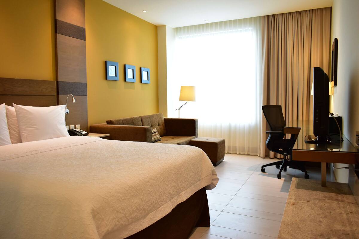 Una habitación de hotel con una cama grande, un escritorio, una silla, un sofá y un televisor.