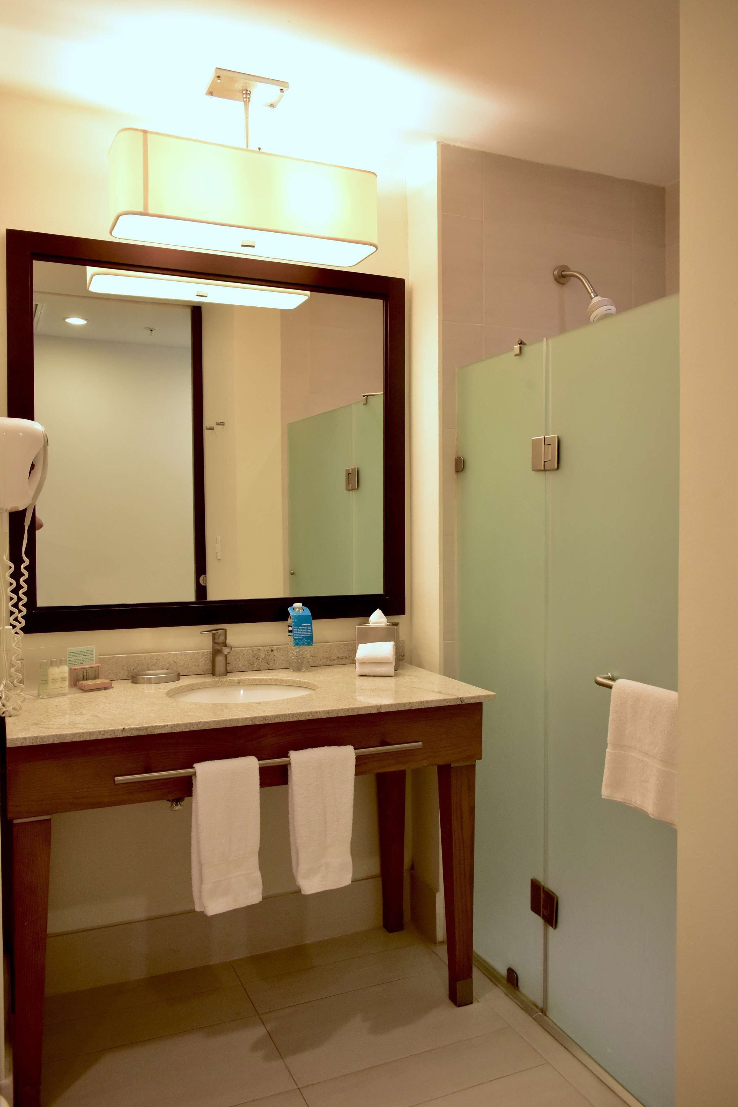 A bathroom with a large mirror, two sinks, a hairdryer, and a shower.
