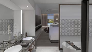 Separate bathtub and shower, deep-soaking bathtub, rainfall showerhead