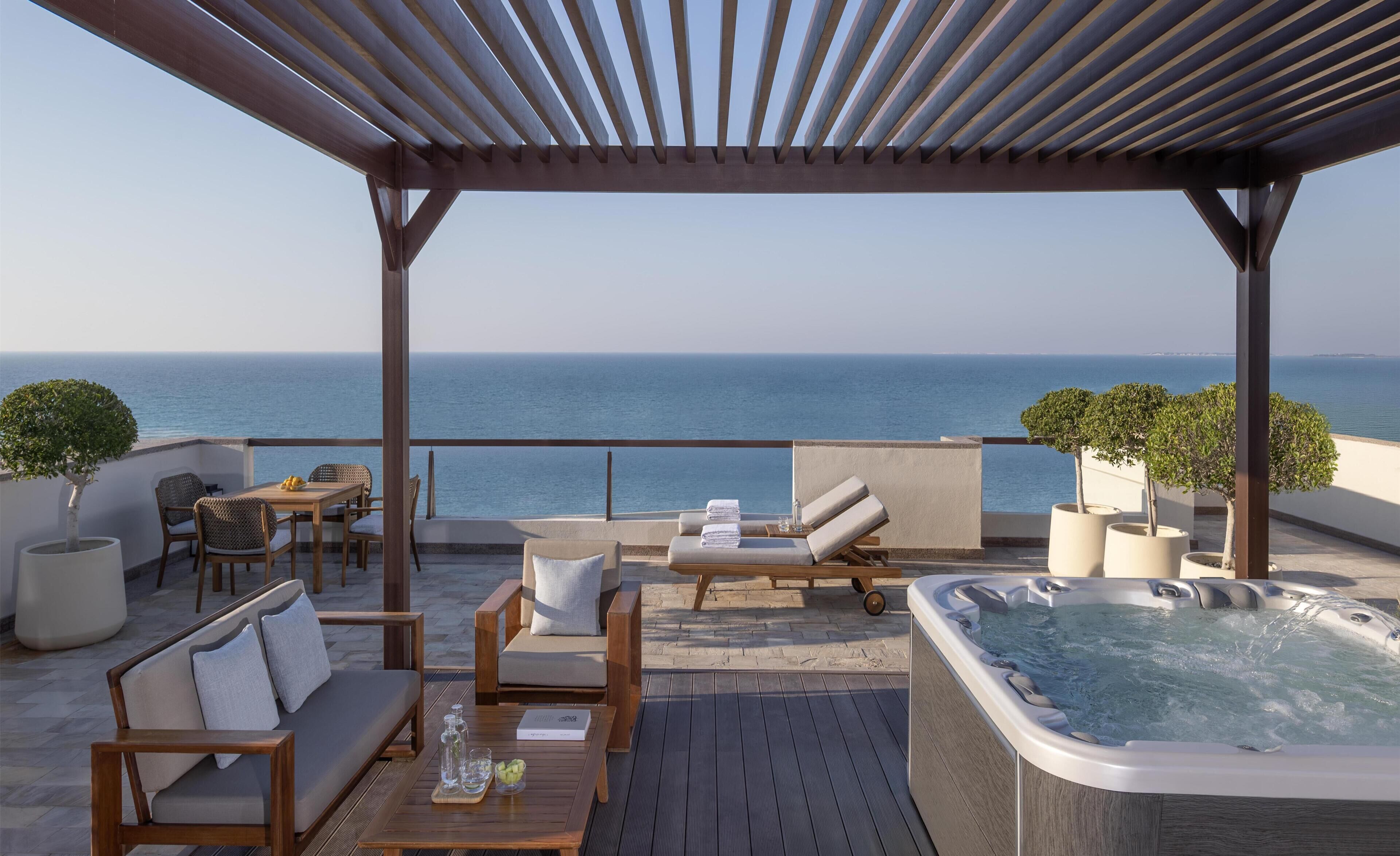 Suíte, terraço, vista para o oceano | Roupas de cama de algodão egípcio, roupas de cama premium
