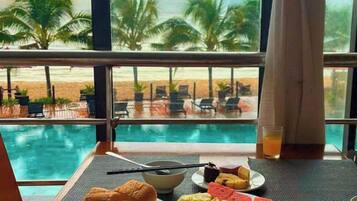 Outdoor pool, pool umbrellas, pool loungers