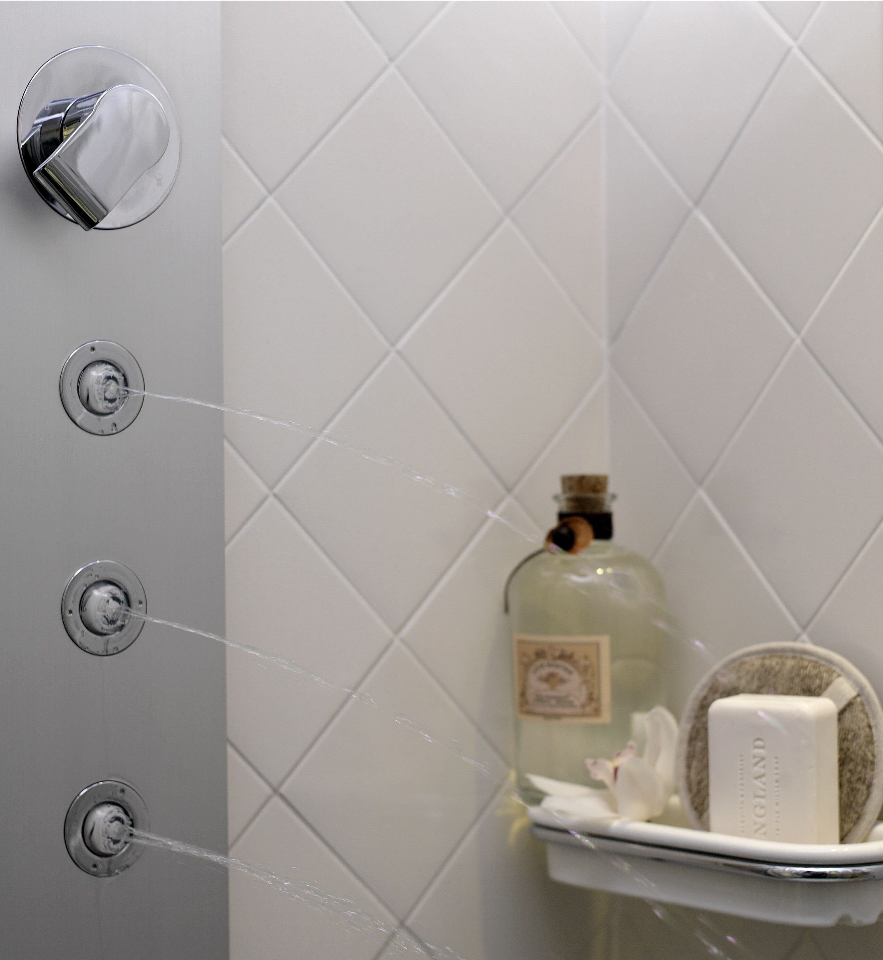 Une salle de bain avec une douche, un flacon de savon liquide et un pain de savon posé sur une étagère.