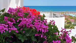 A balcony with pink flowers and a view of the sea. - Atlantic Hotel & SPA (Riccione)