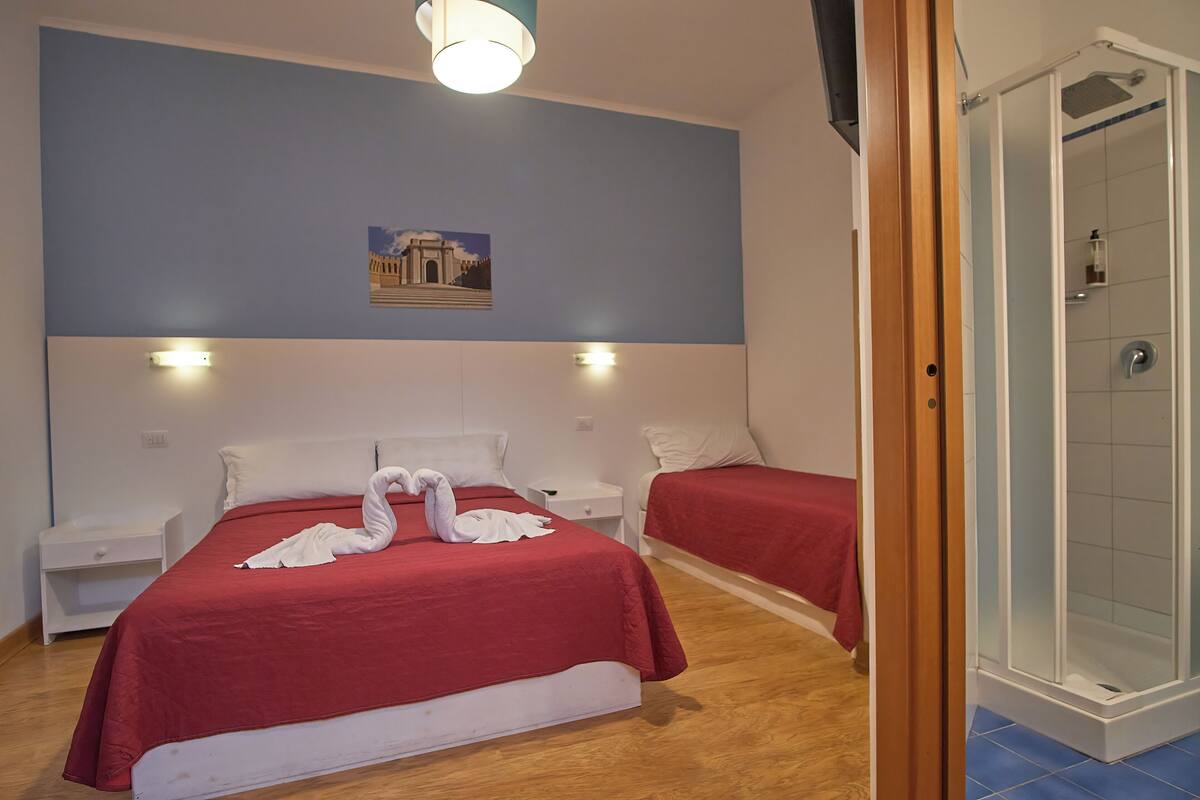 A hotel room with two beds, a shower, and a wall-mounted picture.