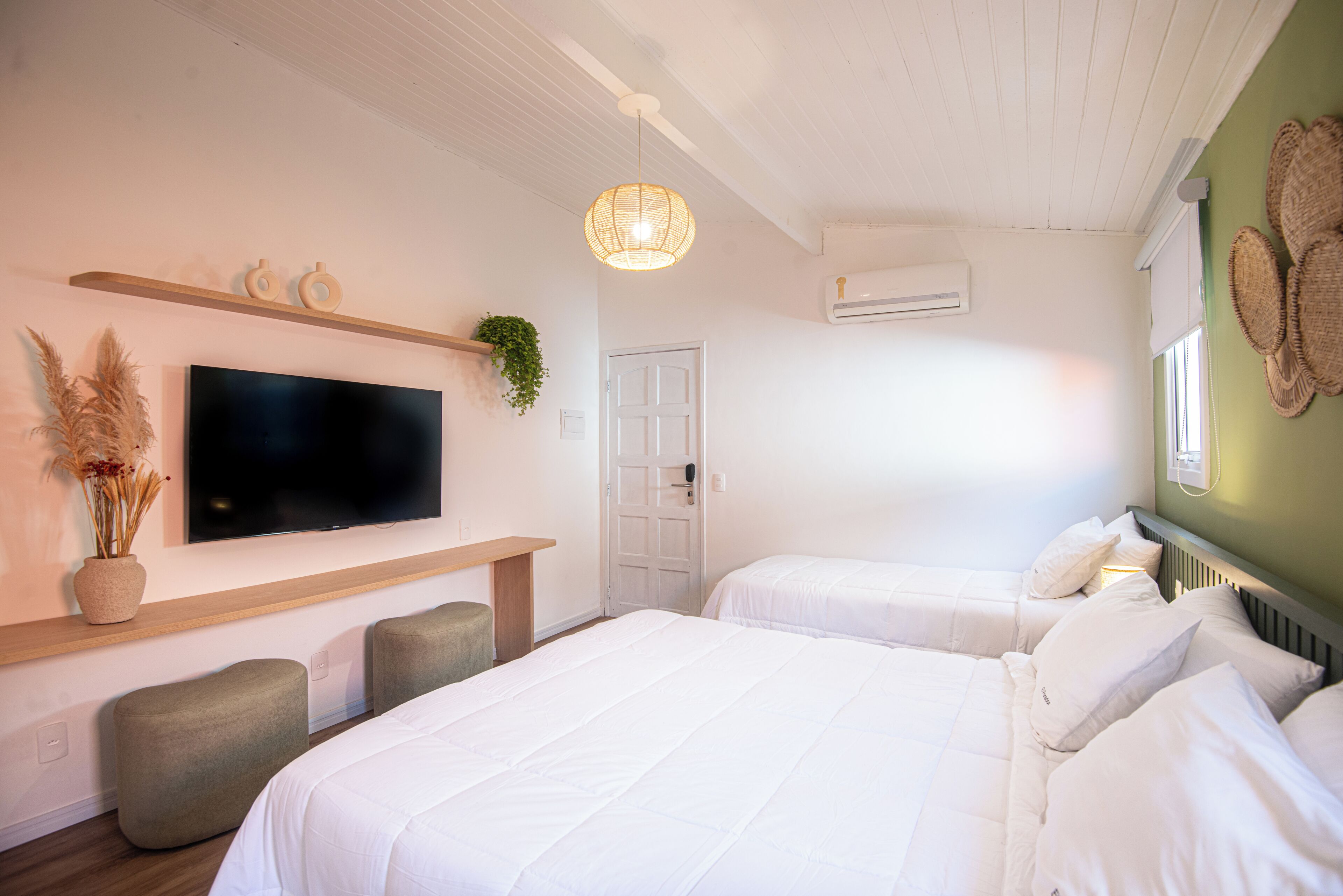 A bedroom with two beds, a TV on the wall, a hanging plant, and a ceiling light.