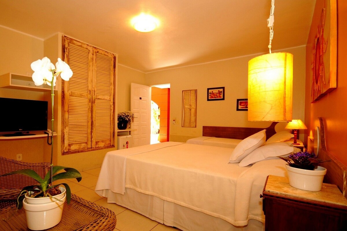 A hotel room with a bed, a television, a potted plant, and a lamp.