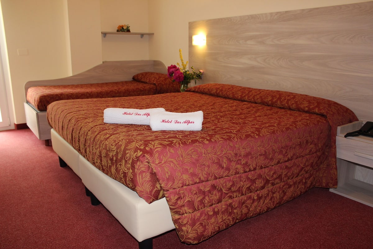 A hotel room with two beds, each with a red patterned bedspread and white headboards. There is a small shelf with decorative items above the beds, and a vase with flowers on the nightstand.