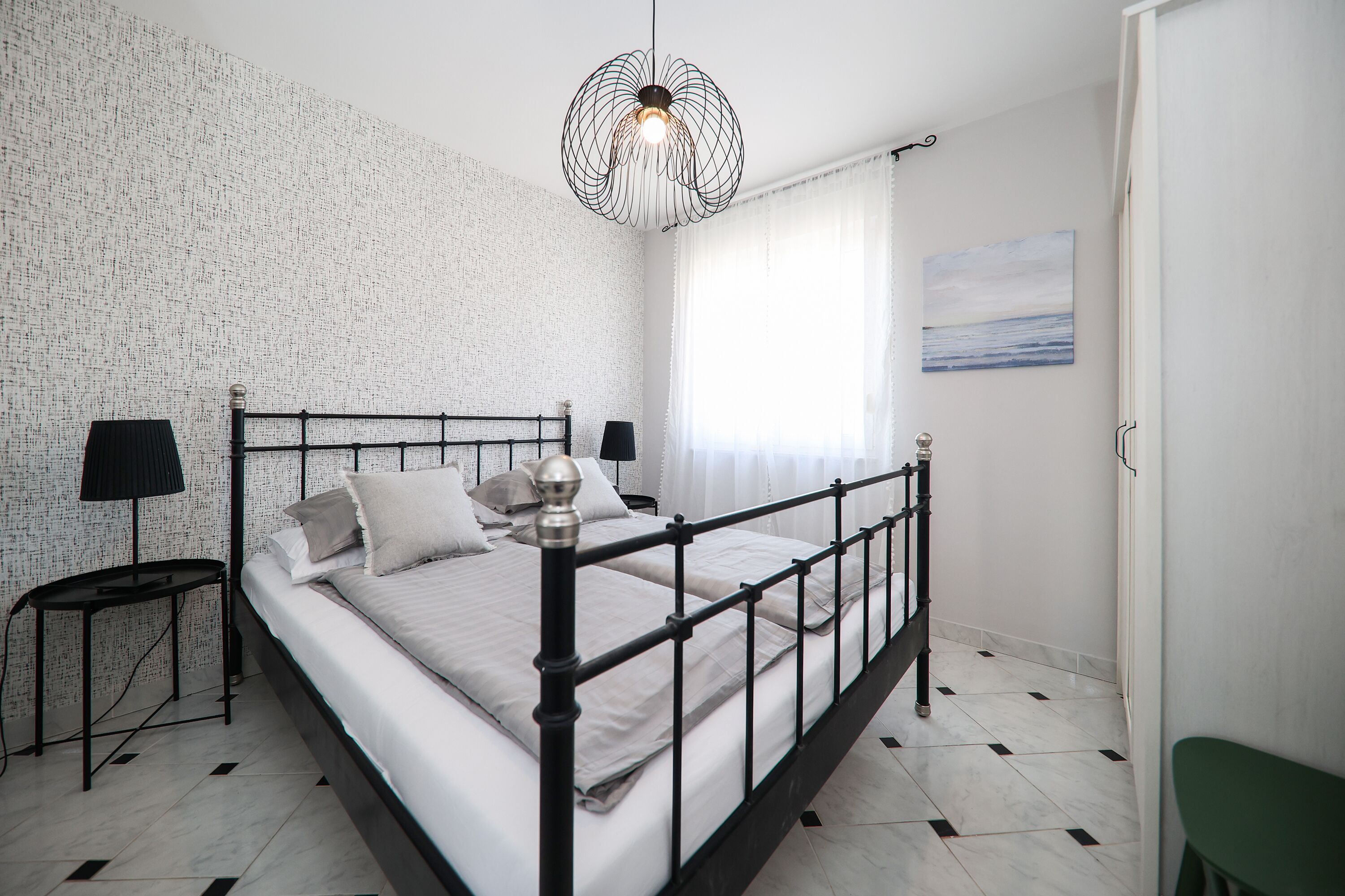 Individually decorated, desk, laptop workspace, blackout curtains