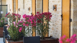 Filas de habitaciones con paredes de piedra, contraventanas de madera, asientos exteriores y macetas con plantas.