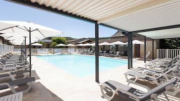 Seasonal outdoor pool, pool umbrellas, pool loungers