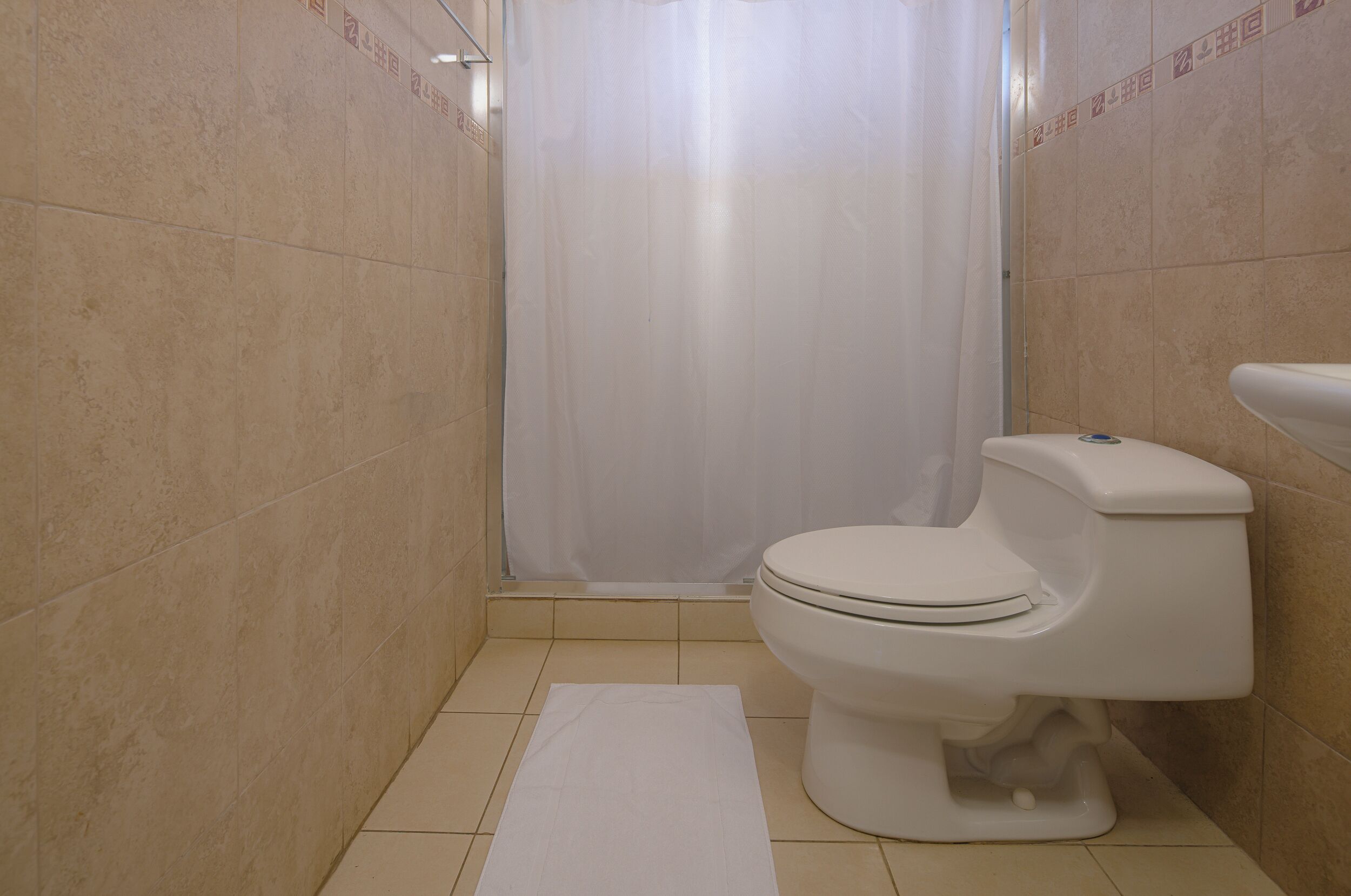 A small, clean bathroom with a toilet, a shower curtain, and a white mat on the floor.