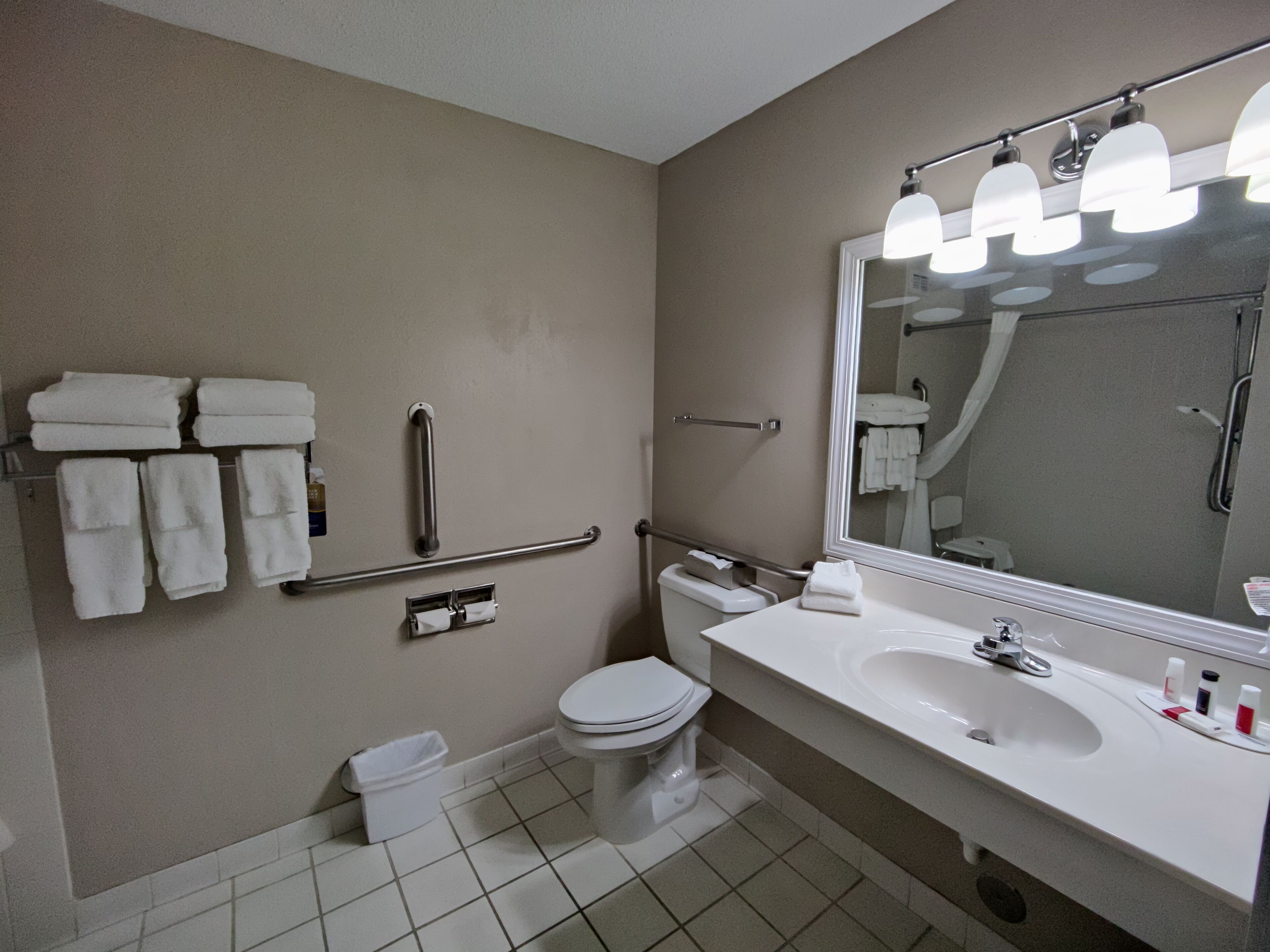 A bathroom with a white sink, a mirror, a toilet, and a handrail.