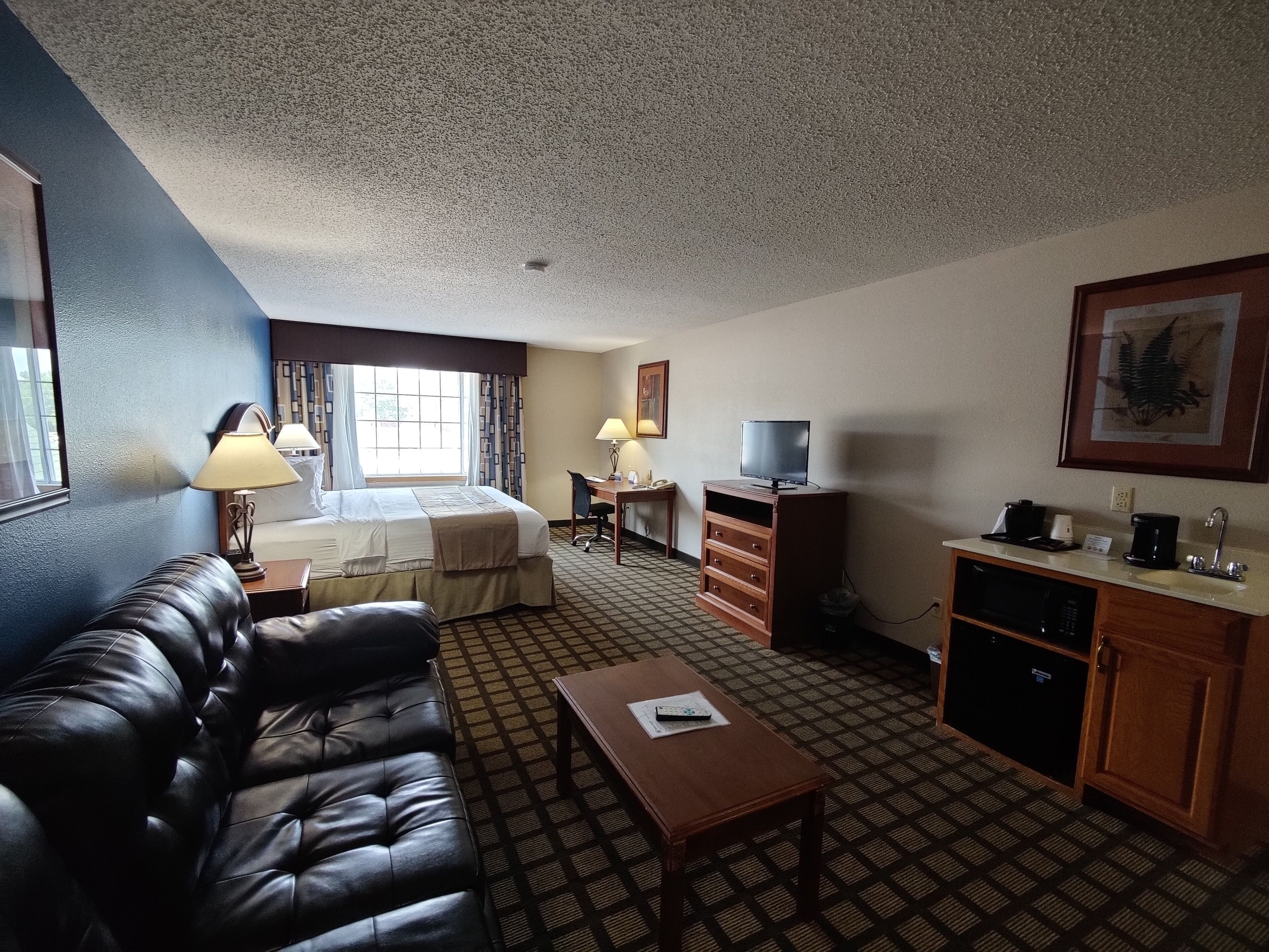 A hotel room with a bed, a leather sofa, a desk with a TV, a kitchenette, and a patterned carpet.