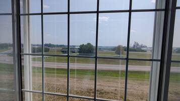 Blick durch ein Fenster mit Gittermuster, das eine Straße, Grünflächen und entfernte Gebäude zeigt.