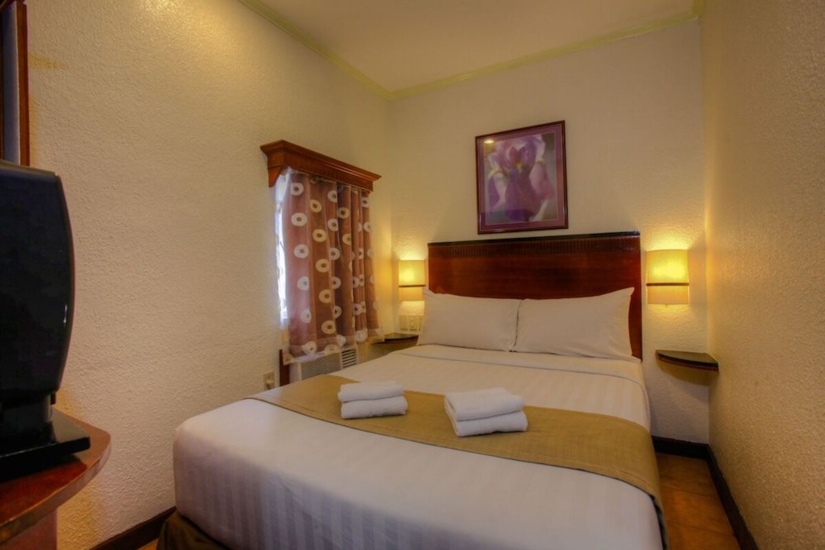 A hotel room with a bed, pillows, a headboard, a bedside table, a lamp, a TV, and a window with curtains.