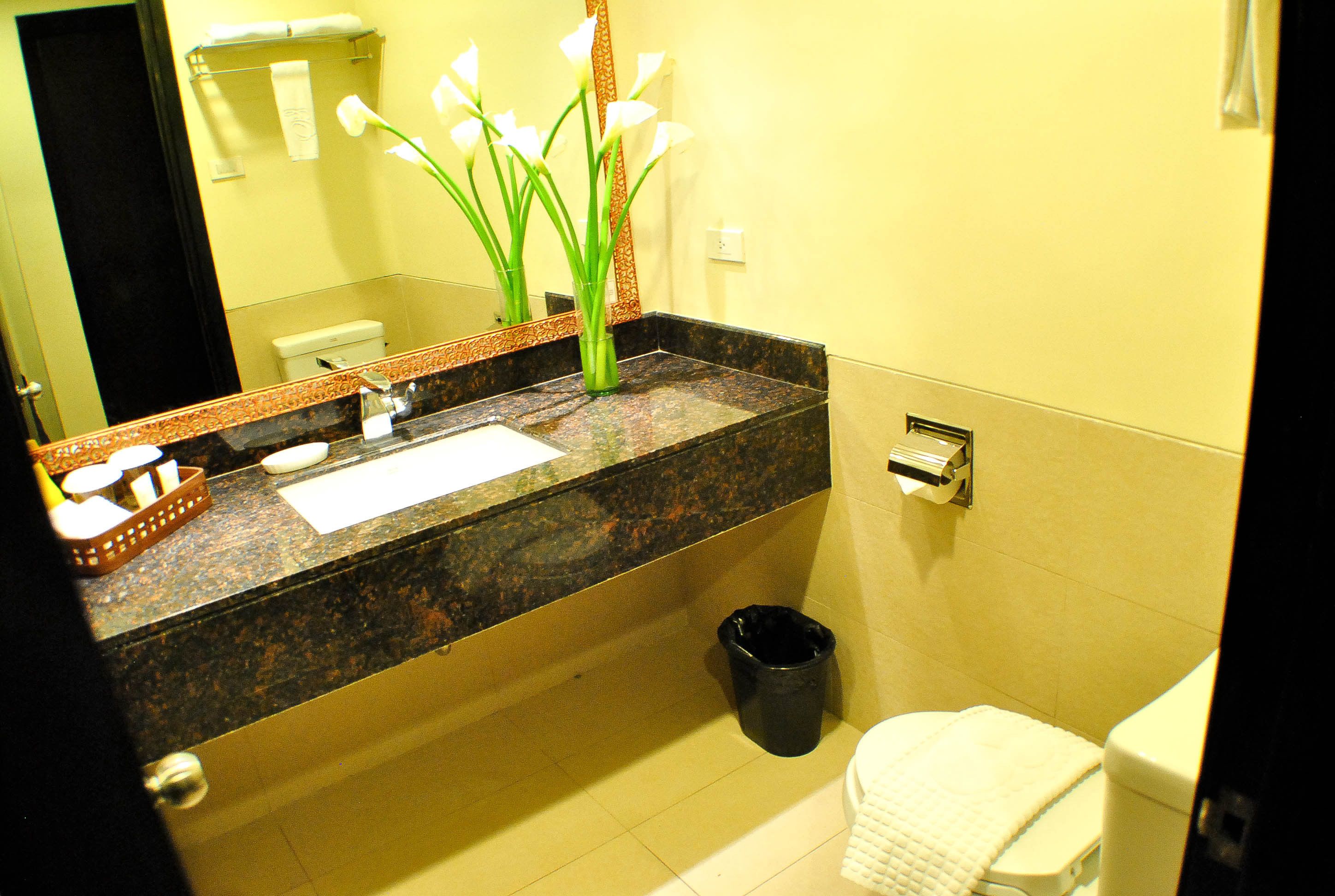 A bathroom with a granite countertop, a white toilet, a black trash can, and a mirror with a decorative frame.