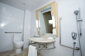 Shower, eco-friendly toiletries, hair dryer, towels
