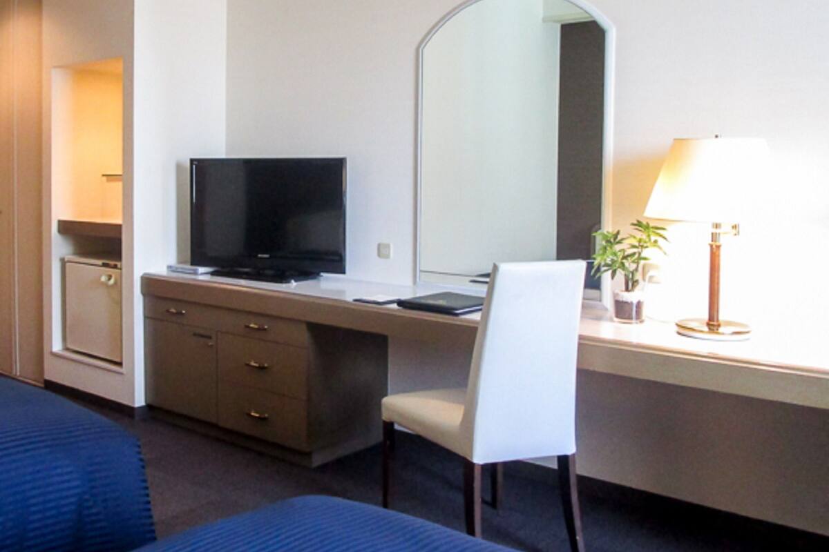 A hotel room with a desk, a television, a lamp, a chair, a bed, and a small plant.