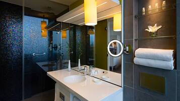 Shower, rainfall showerhead, designer toiletries, hair dryer