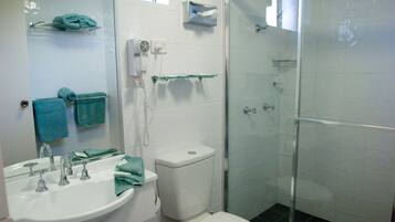 Shower, free toiletries, hair dryer, towels