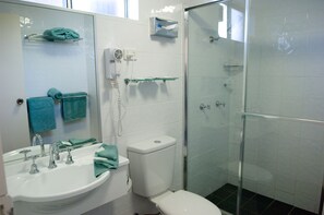 Shower, free toiletries, hair dryer, towels
