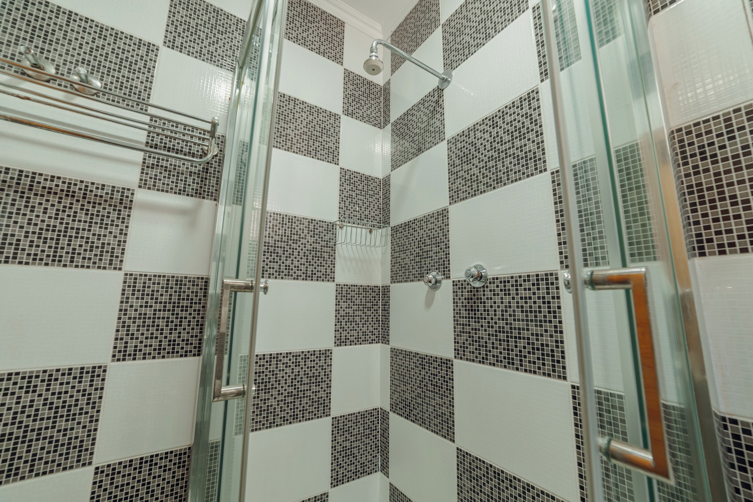 Une douche avec des portes en verre, une pomme de douche en métal et un mur carrelé avec un motif à carreaux.