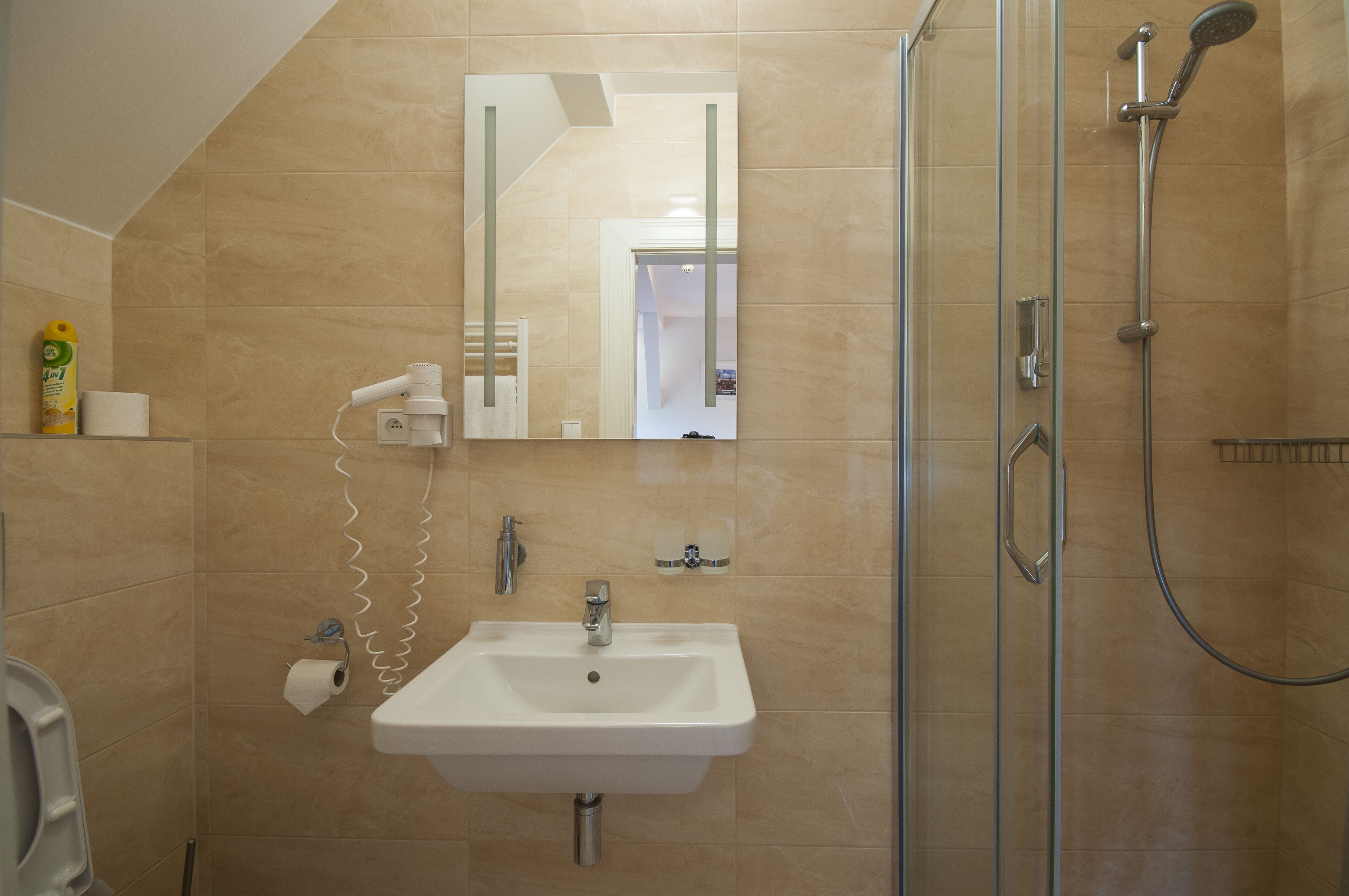 Un baño con lavamanos, espejo y ducha.