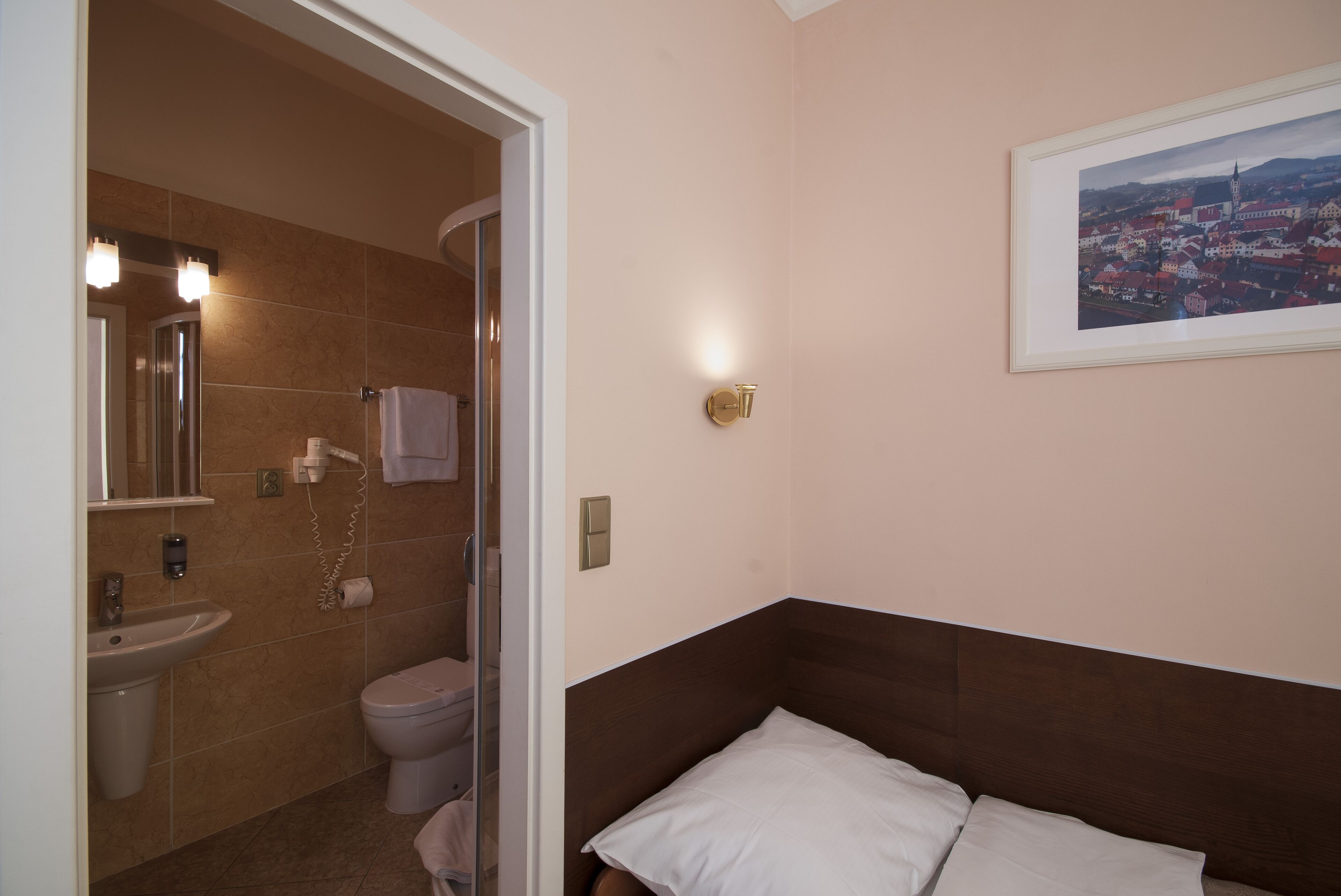 A bathroom with a sink, toilet, and shower. There is a framed picture on the wall.