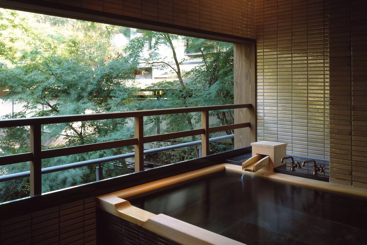 Un jacuzzi con borde de madera, barandilla metálica y vista a árboles.