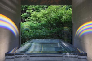 A modern, rectangular hot tub with a glass enclosure, surrounded by lush greenery. - Ryokan Sumiya Kihoan (Kameoka)