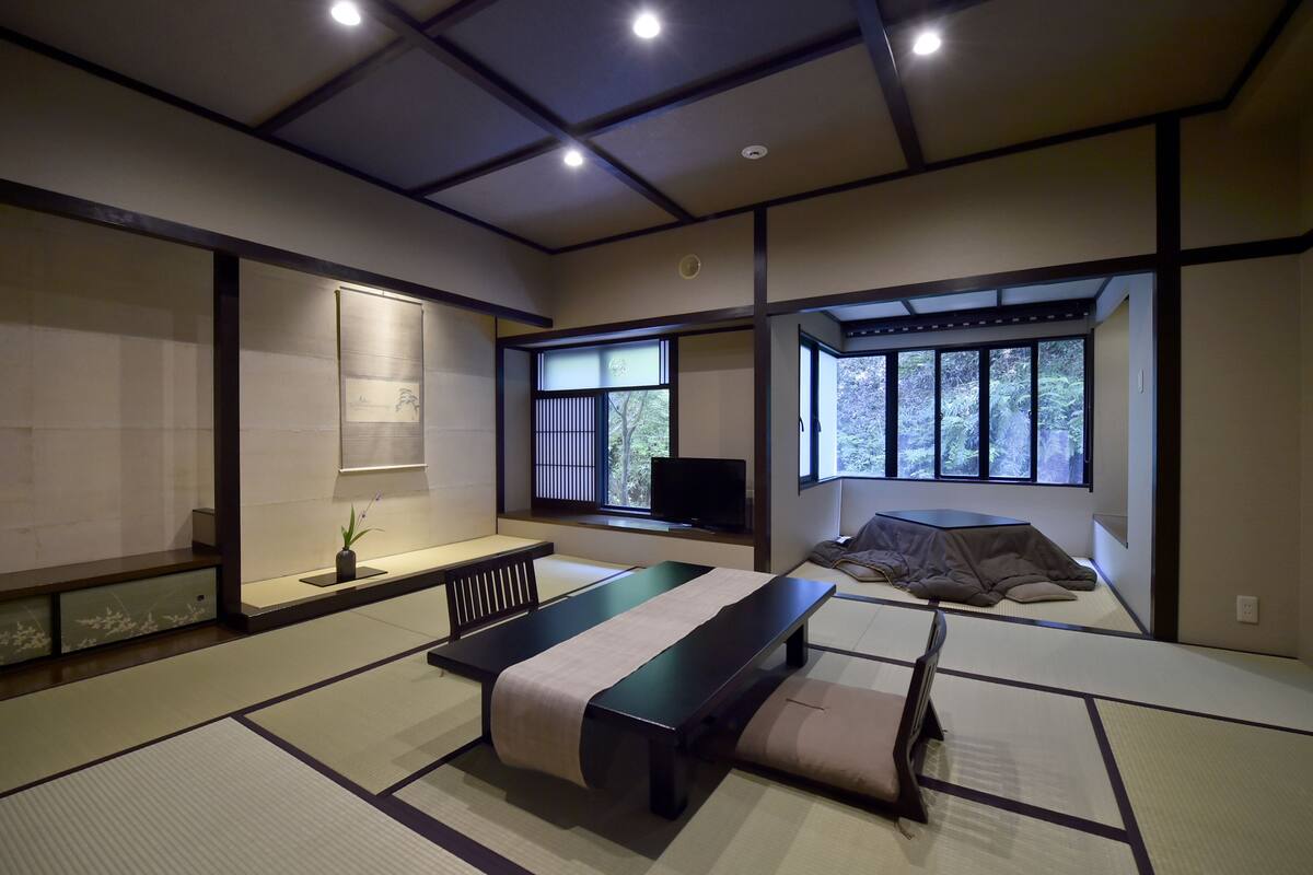 Habitación con suelo de tatami, una cama, televisión y ventana con vistas a árboles.