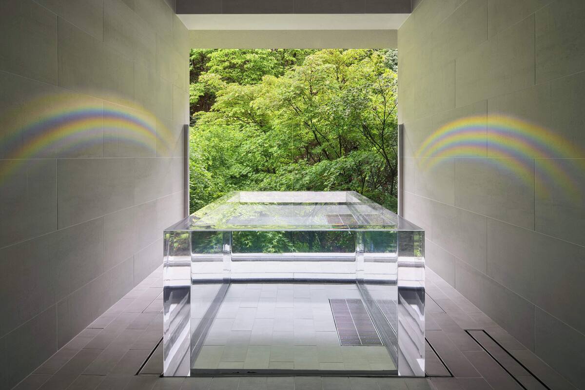 Un baño moderno y minimalista con cabina de vidrio y vistas a exuberante vegetación.