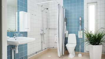 Shower, free toiletries, hair dryer, towels