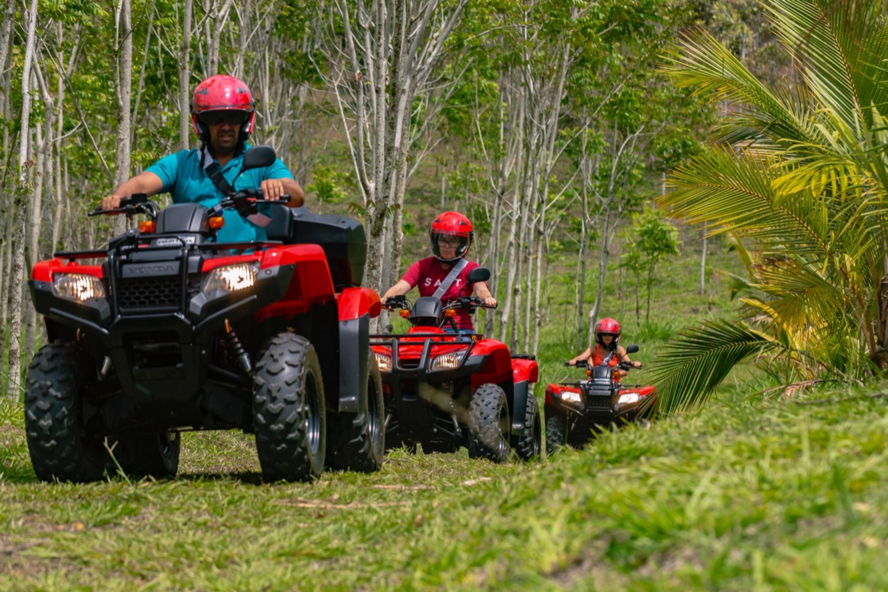 Three people on ATVs in a forested area.