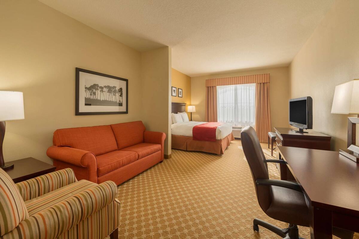 A hotel room with a bed, a sofa, a desk, and a television.