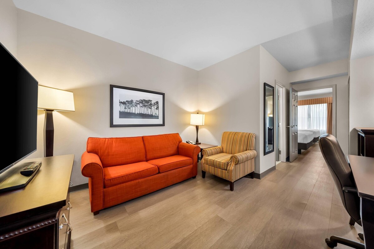 Habitación de hotel con sofá, sillón, escritorio, televisor, lámpara y un cuadro en la pared.