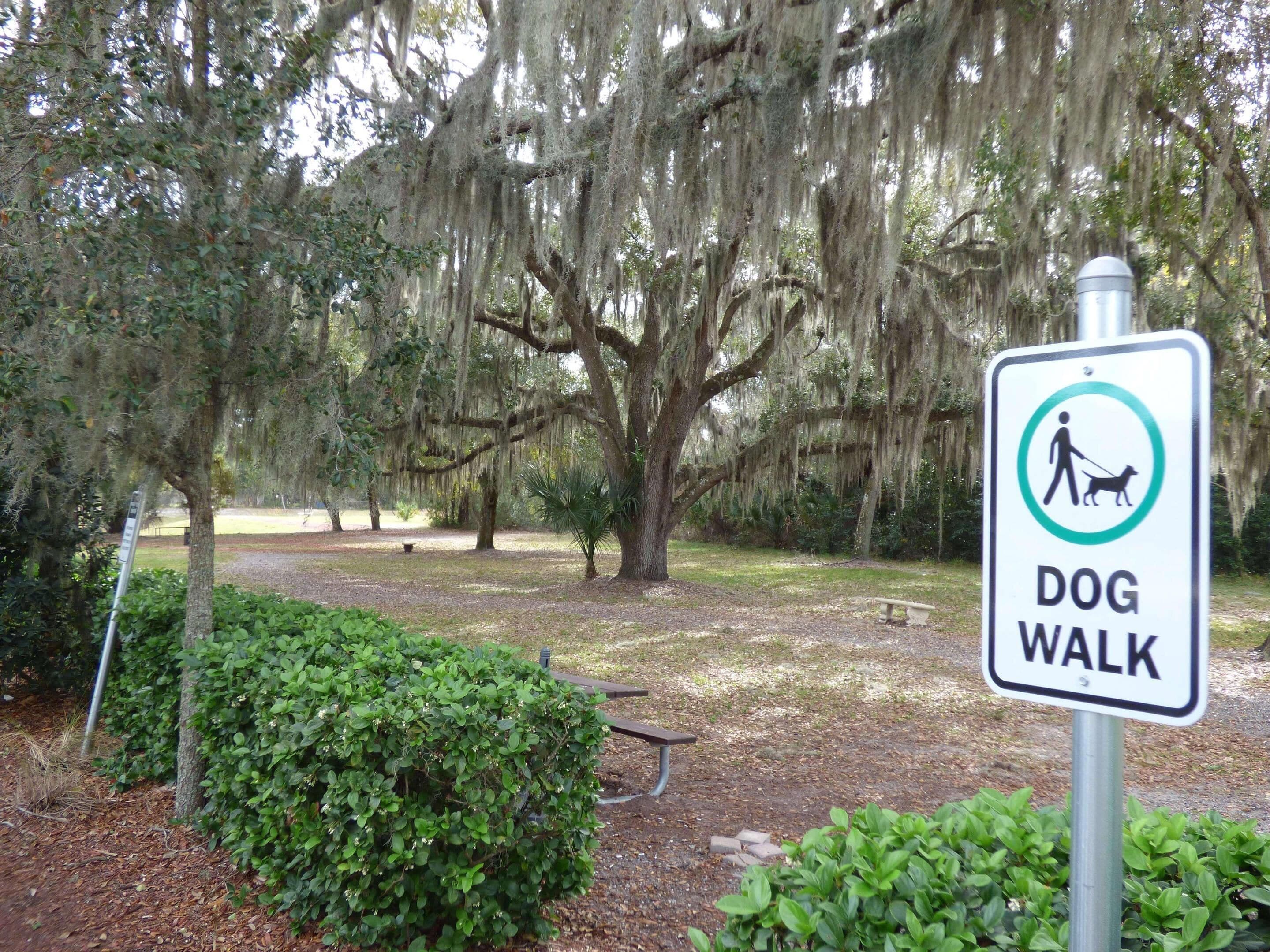 A park with a dog walk sign, trees, and a bench.