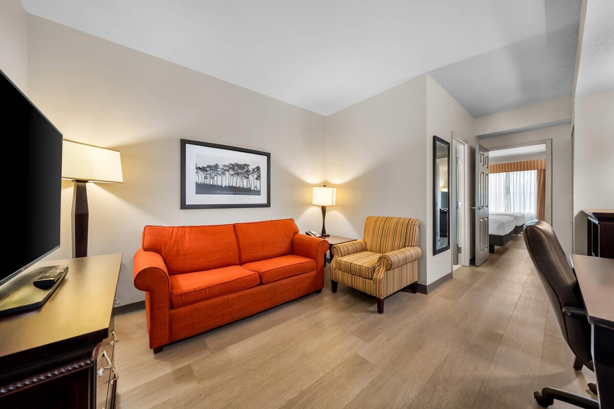 Een hotelkamer met een bank, fauteuil, bureau, televisie en een ingelijst schilderij aan de muur.