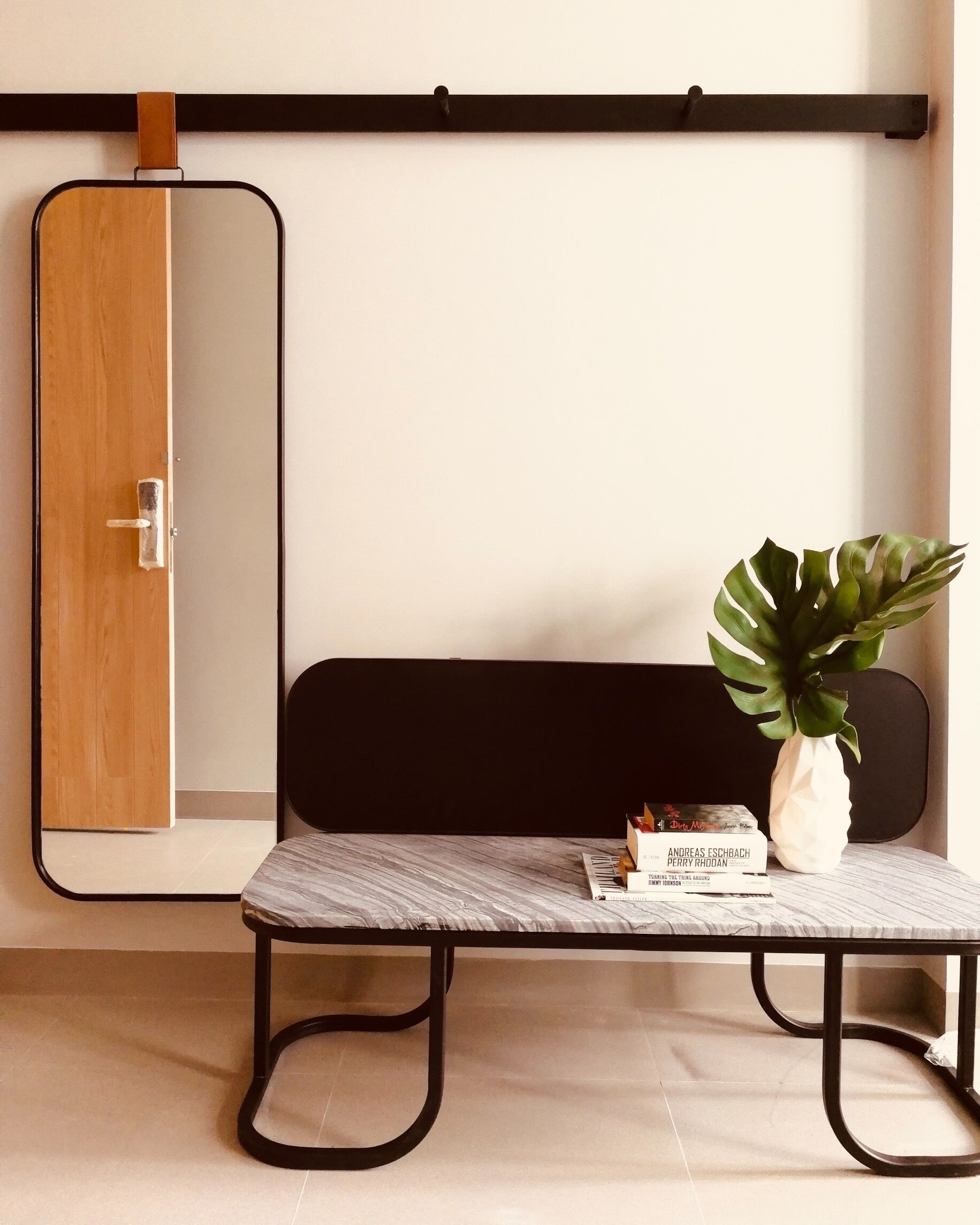 A room with a wooden door, a black-framed mirror, a black sofa, a small table with a potted plant, and a few books.