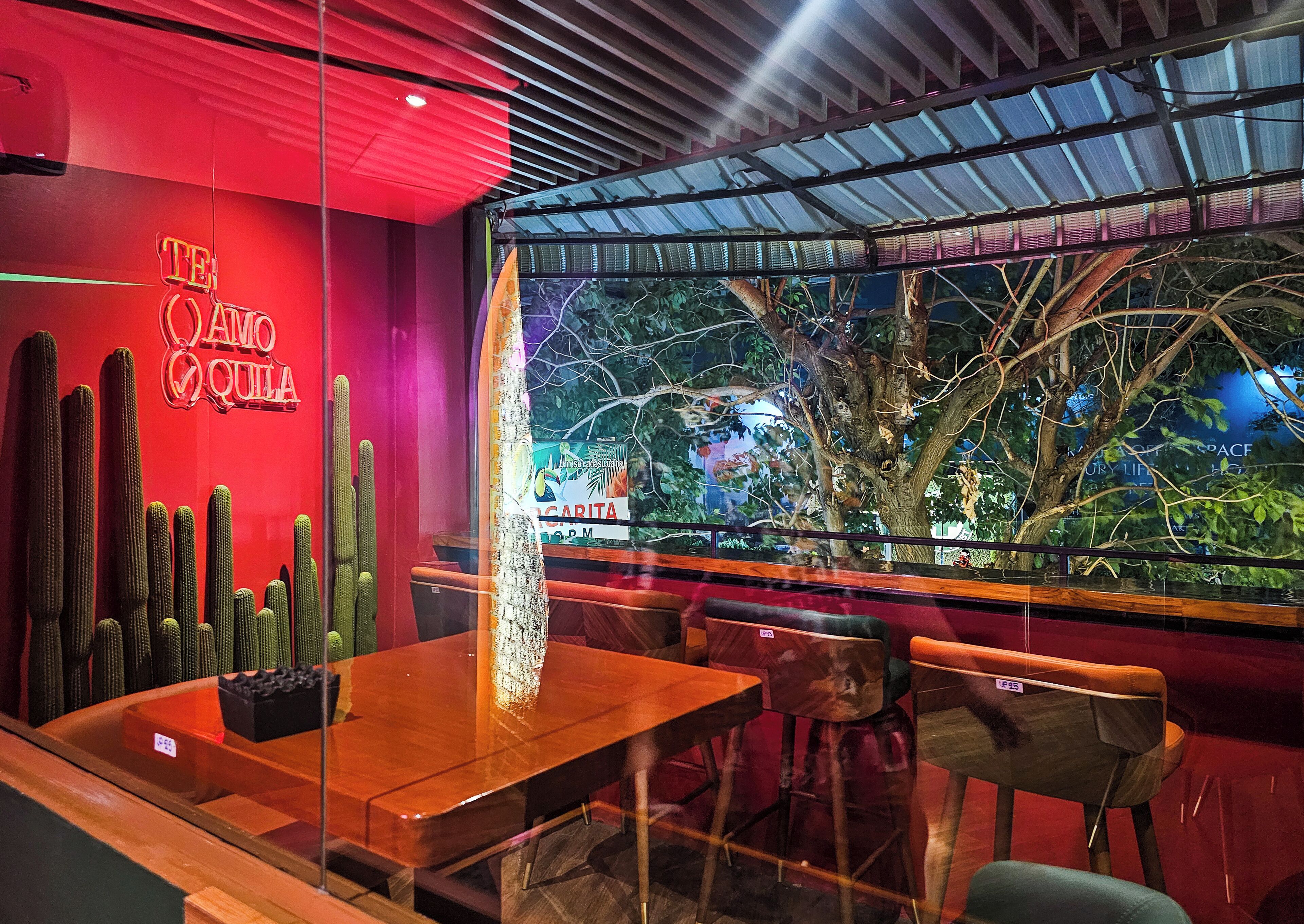 A restaurant interior with a red wall, cactus decorations, and a view of a tree through a glass window.