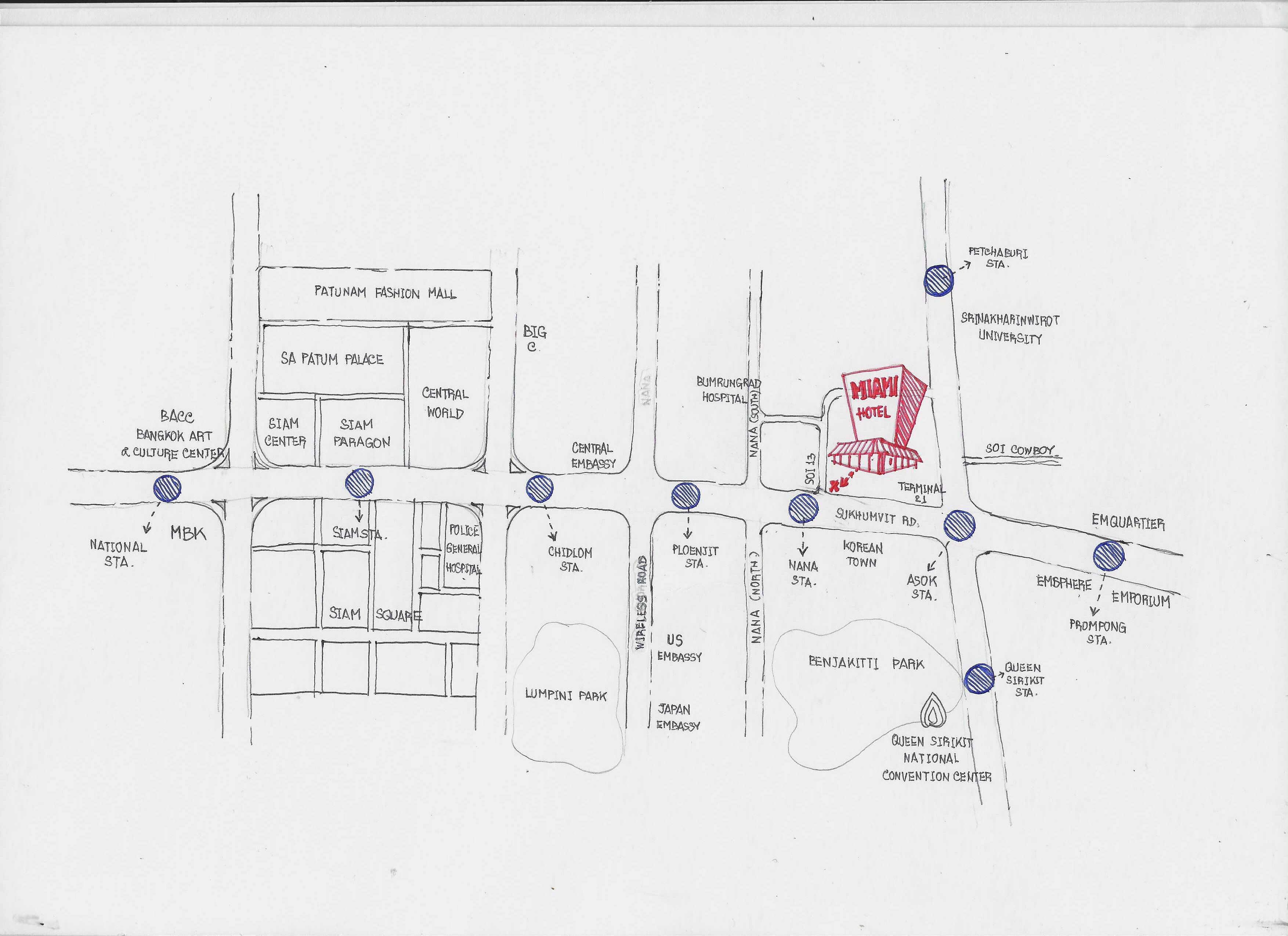 A map of a city with various landmarks and streets labeled, including a fashion mall, a hospital, and a convention center.