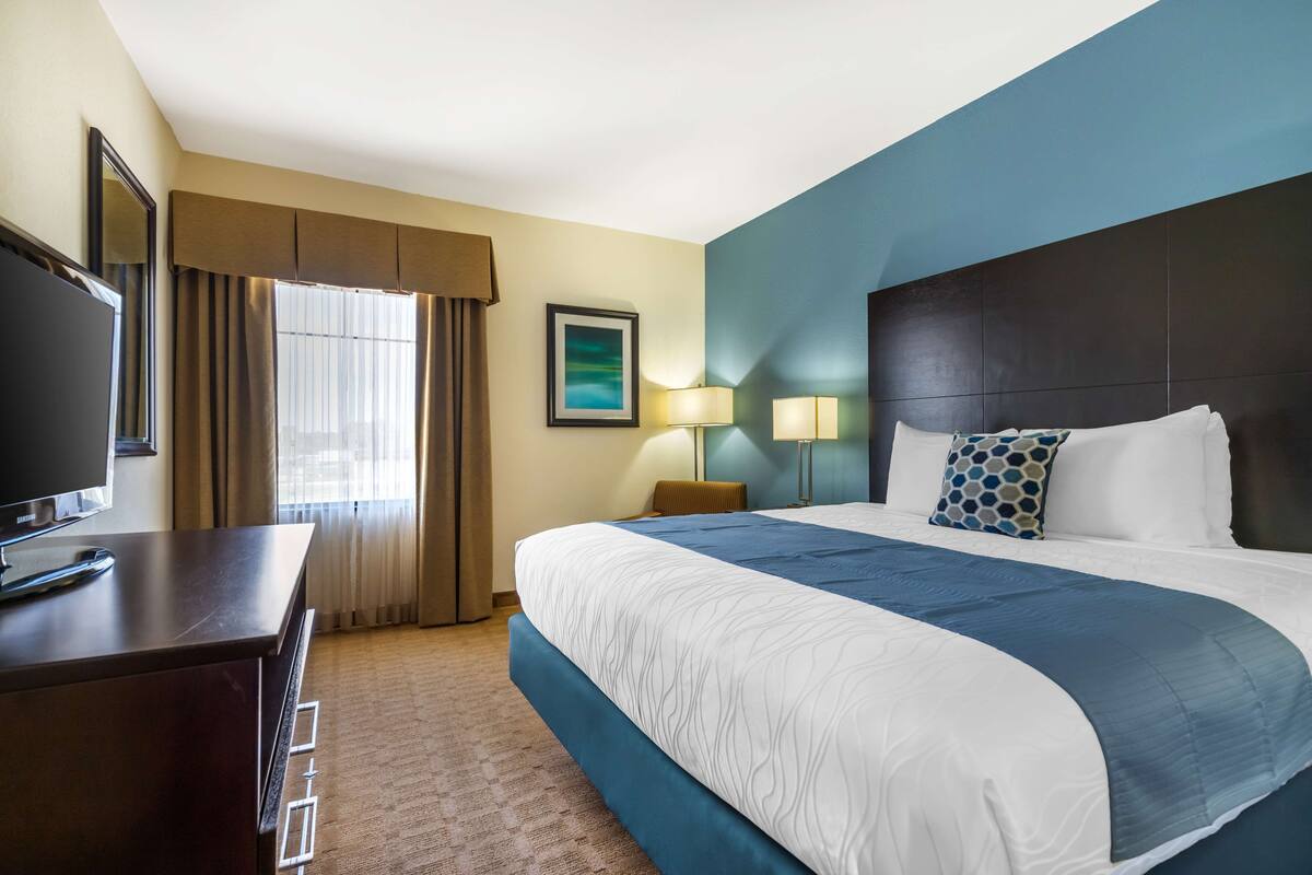 Habitación de hotel con una cama grande, un televisor sobre un escritorio de madera y una ventana con cortinas.