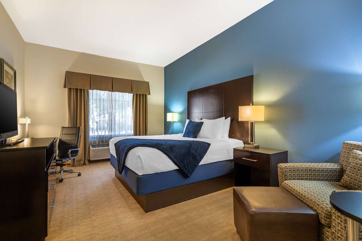 Una habitaci ón de hotel con una cama grande, un escritorio, una silla y un televisor.