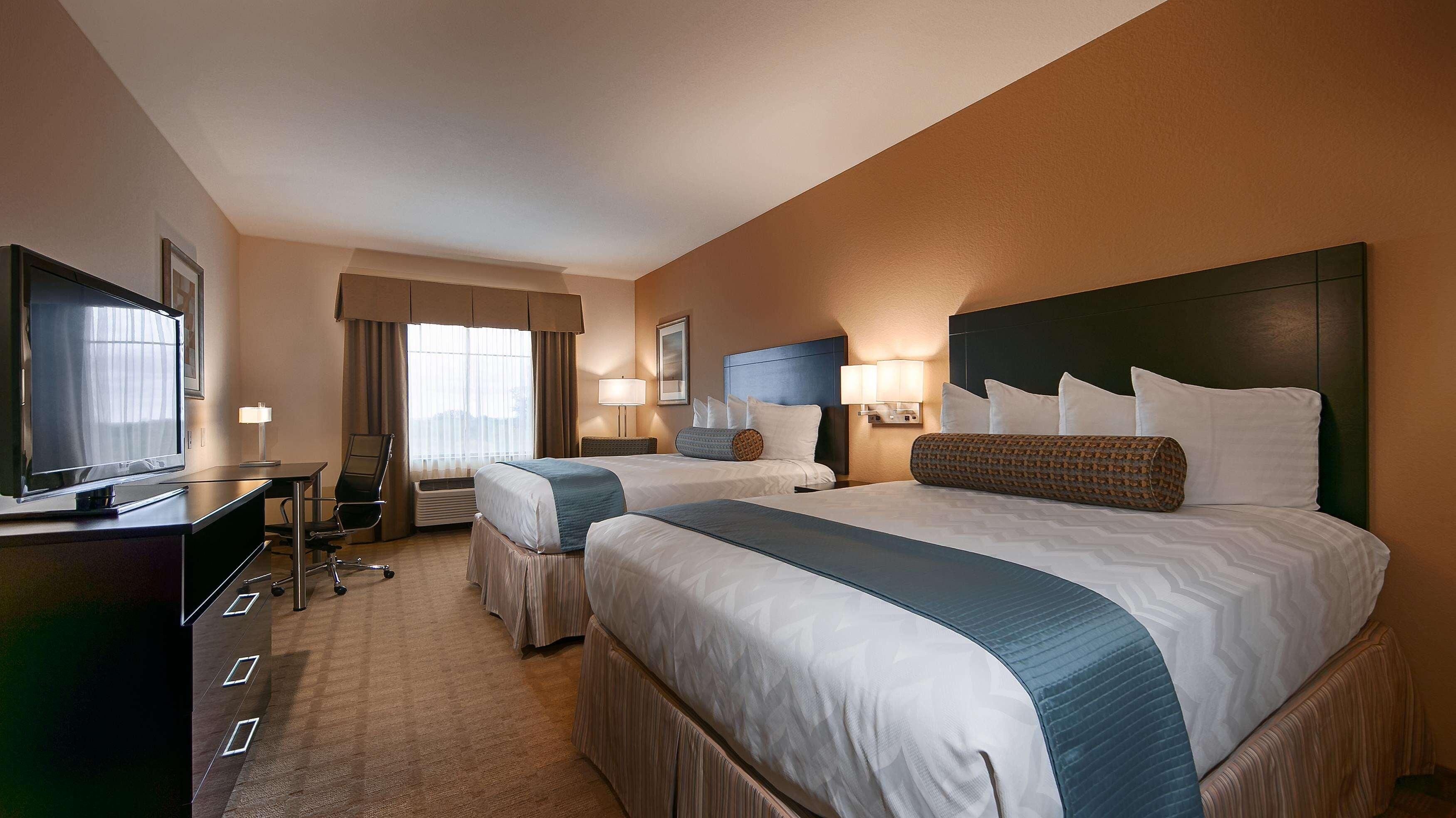Pillow-top beds, desk, laptop workspace, iron/ironing board