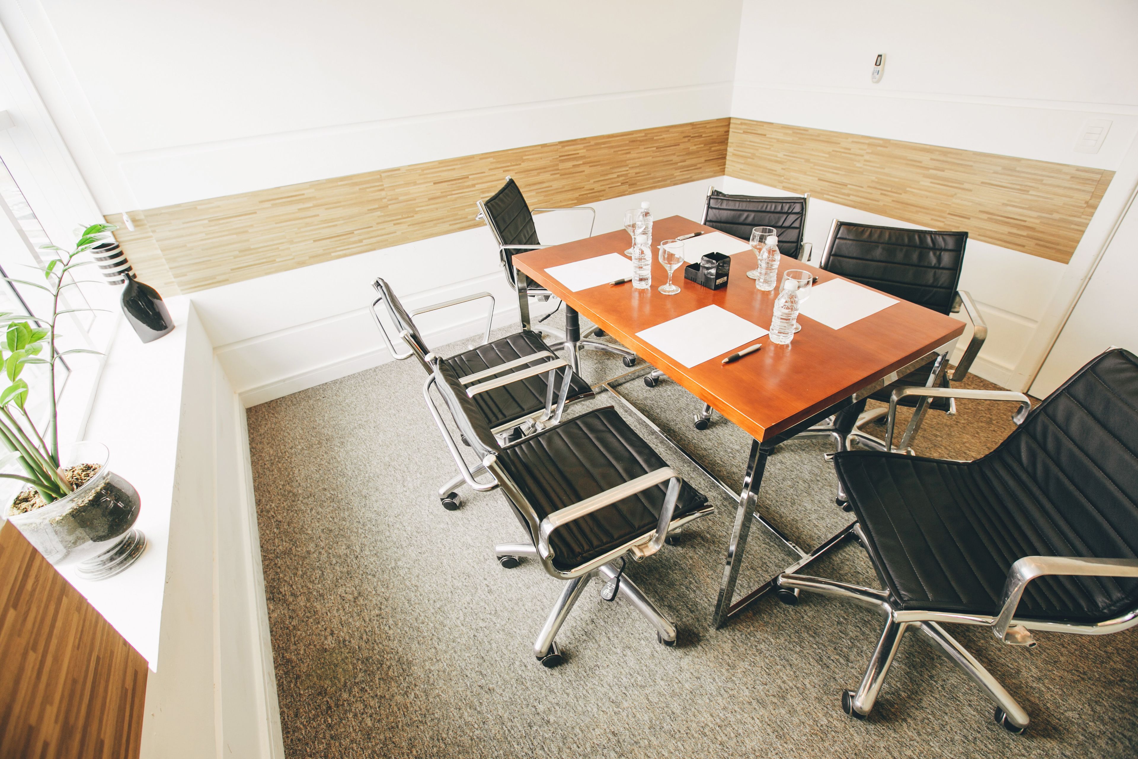 Un salón de conferencias con una mesa de madera, sillas de cuero negro y una planta en maceta.